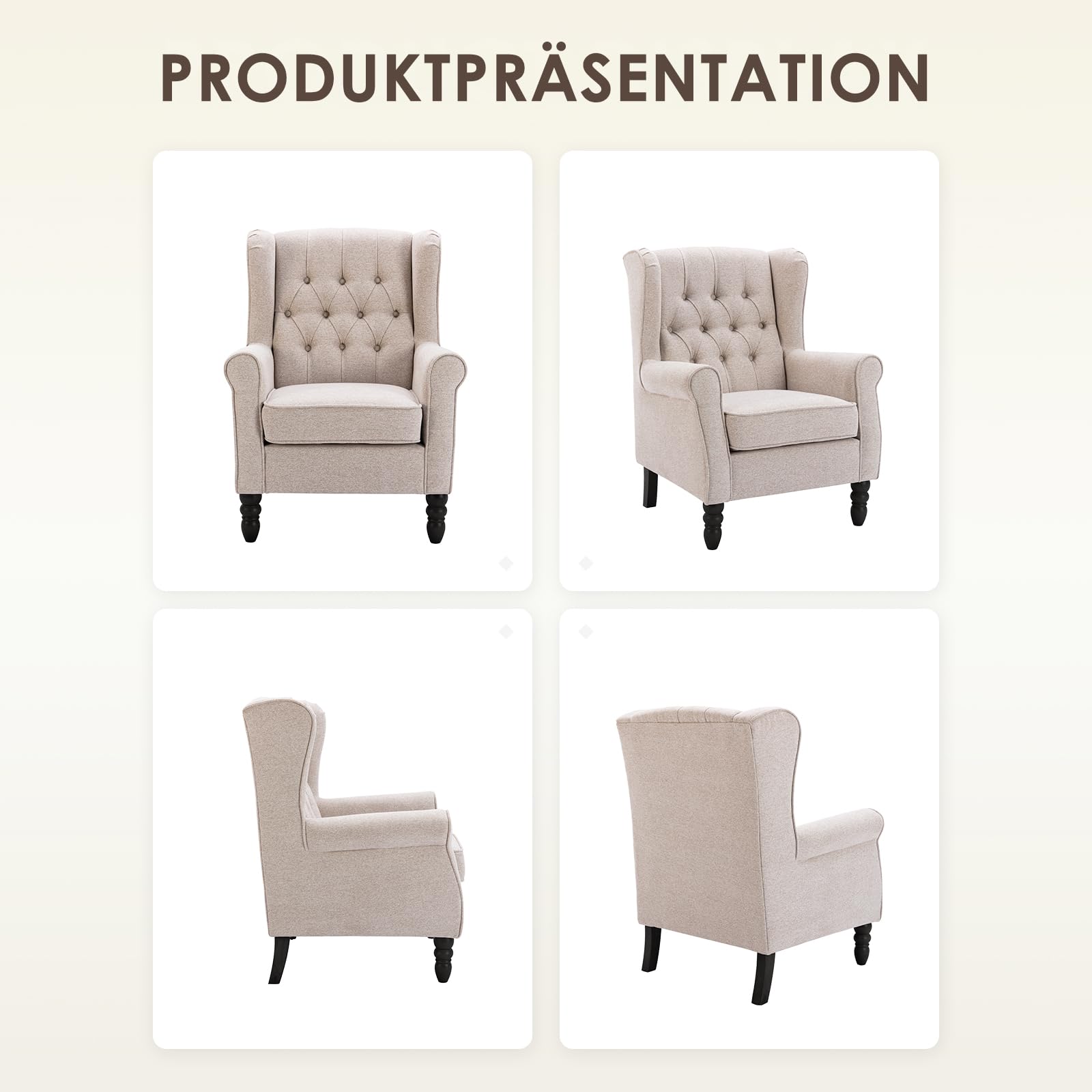 COLAMY Mid-Century Modern Sessel Wohnzimmer, Gepolsterter Wingback-Sessel mit Knopfsteppung, loungesessel Bezug aus Gewebe mit Massivholzbeinen für Wohnzimmer, Büro, Café - Beige