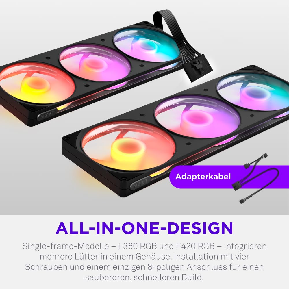 NZXT F360 RGB Reverse - 360mm single-frame Reverse Lüfter - Schwarz | 360mm single-frame Einheit mit drei 120mm Reverse-Blade PWM RGB-Lüftern. Sauberer Airflow für Show-Side-Builds.