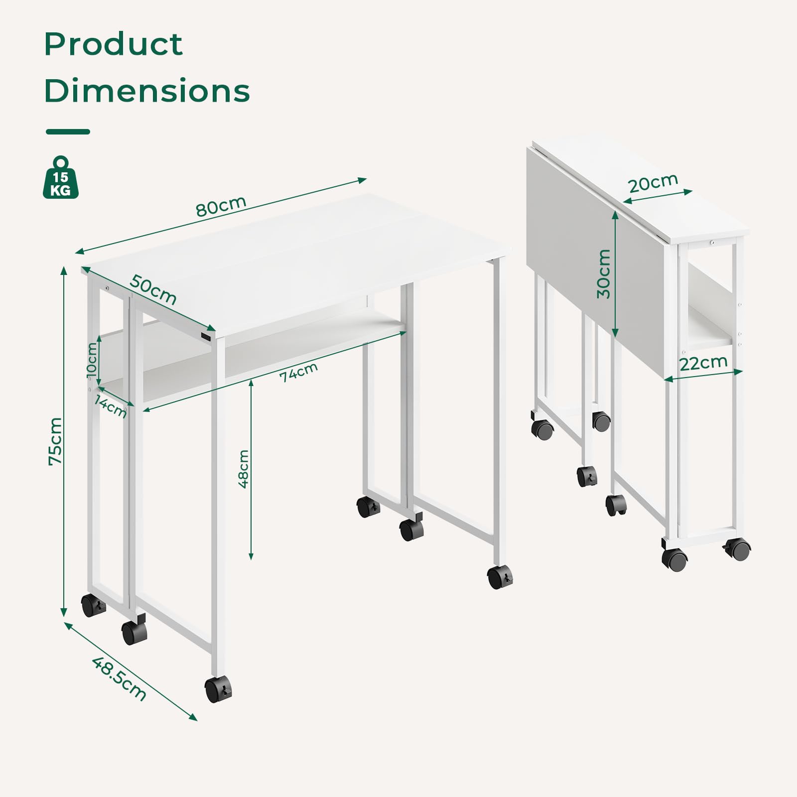 Dripex Klapptisch mit Rollen 80x50 cm, Platzsparender Klappschreibtisch Computertisch Faltbar Tisch mit Stauraum, Schreibtisch Klappbar für Homeoffice Arbeitszimmer, Weiß