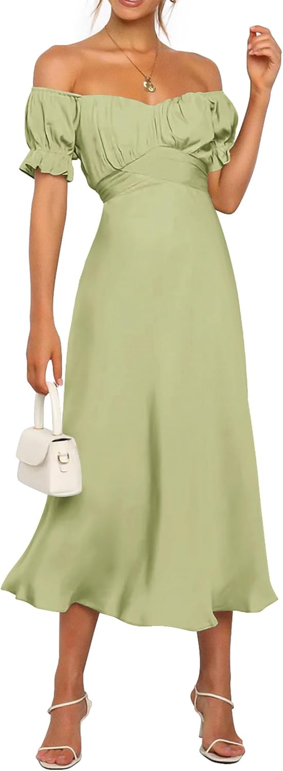 KIRUNDO Women's 2024 Summer Satin Midi Dress Off Shoulder Wrap Ruched Wedding Guest Party Cocktail Formal Prom Dresses Small Tender Green