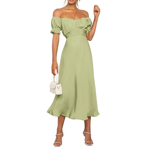 KIRUNDO Women's 2024 Summer Satin Midi Dress Off Shoulder Wrap Ruched Wedding Guest Party Cocktail Formal Prom Dresses