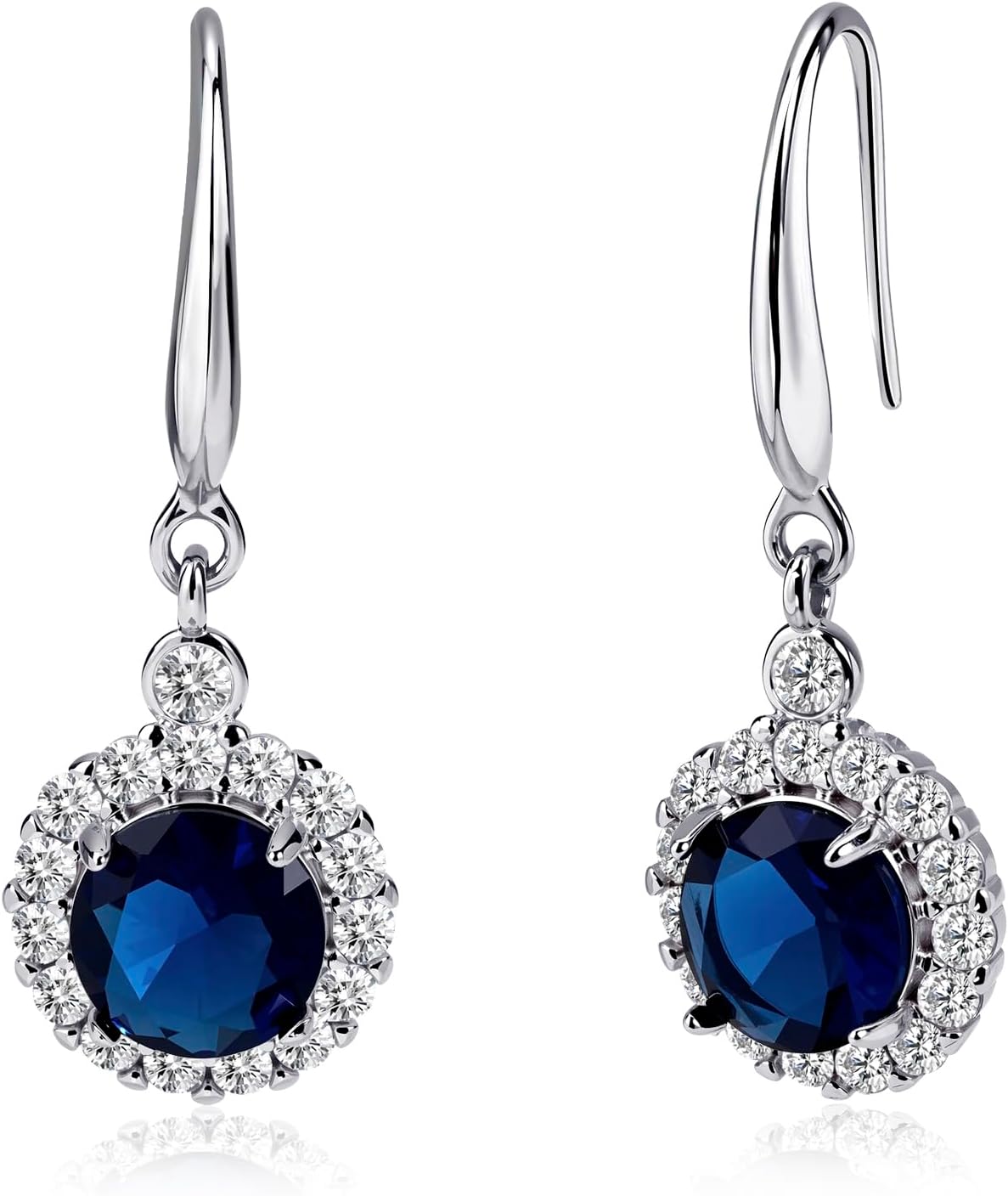 Silver Round Sapphire Earrings Navy Blue Dangle Zircon Halo Drop Earrings for Women