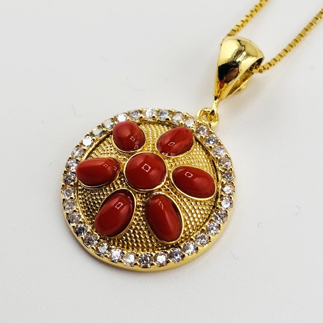 Ciondolo elegante tondo in argento 925 dorato con corallo rosso naturale del Mediterraneo catenina veneziana 45 cm gioiello donna ragazza elegante artigianale