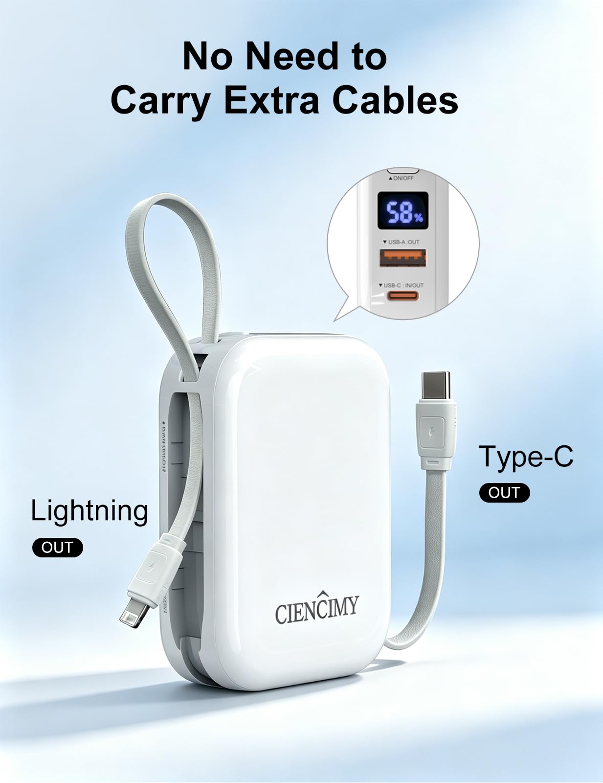 Power Bank da 10000 mAh con Lightning integrato e USB‑C, ricarica rapida da 22,5 W, display digitale a LED, caricabatterie portatile sottile da 176 g per iPhone 17/14 e Android
