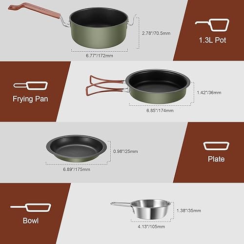 Miniatura 5 de Odoland Juego de ollas y sartenes antiadherentes para camping, 10 piezas, con plato, tenedor, cuchillo, cuchara para mochileros, senderismo, cocina