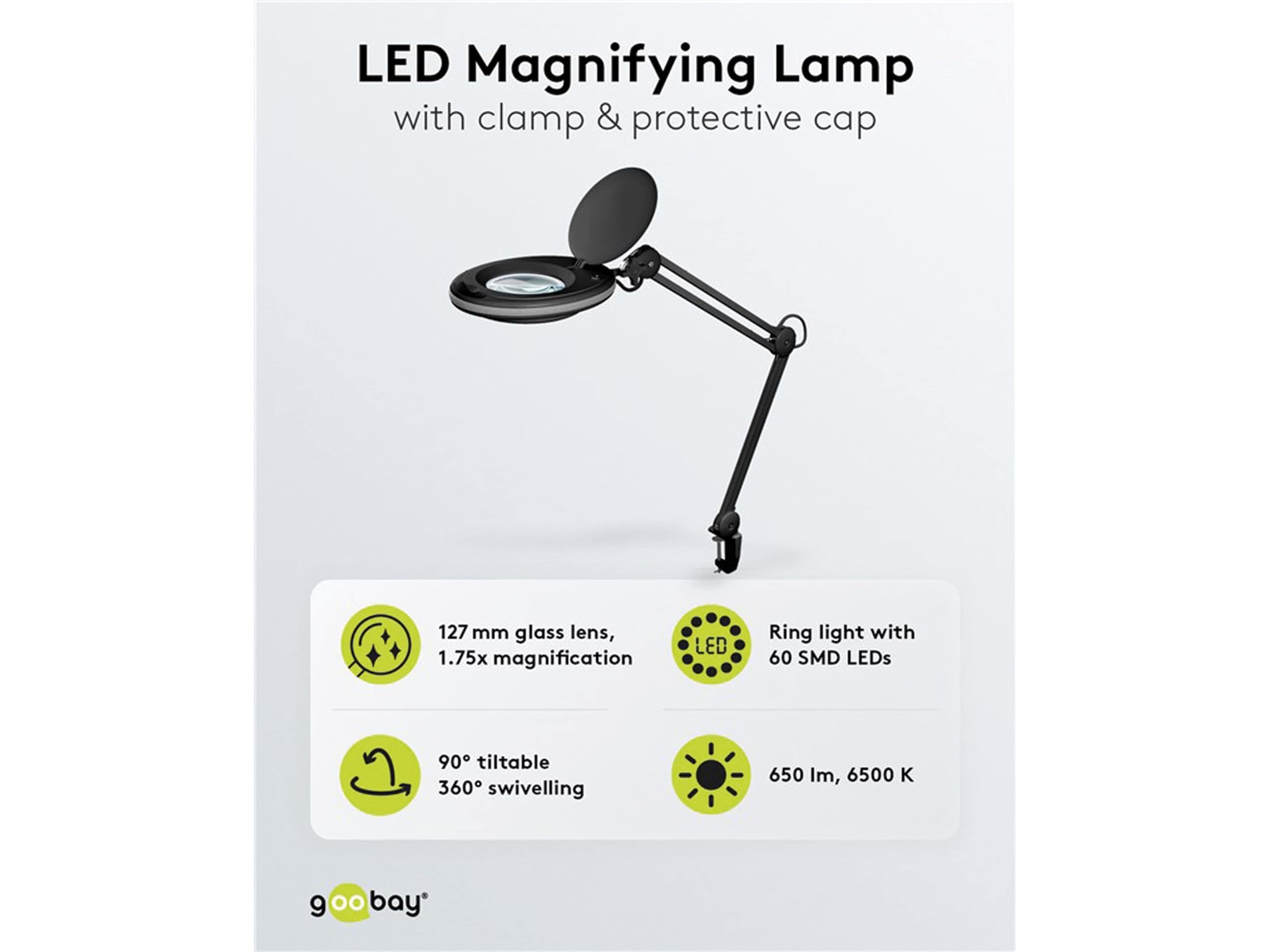 goobay 64989 Lámpara aumento LED 8W 650lm/ pinza/lente cristal 127mm 1,75 aumentos/lupa trabajo cosmética, soldadura, manualidades, leer/brazo doble articulación/lámpara sobremesa