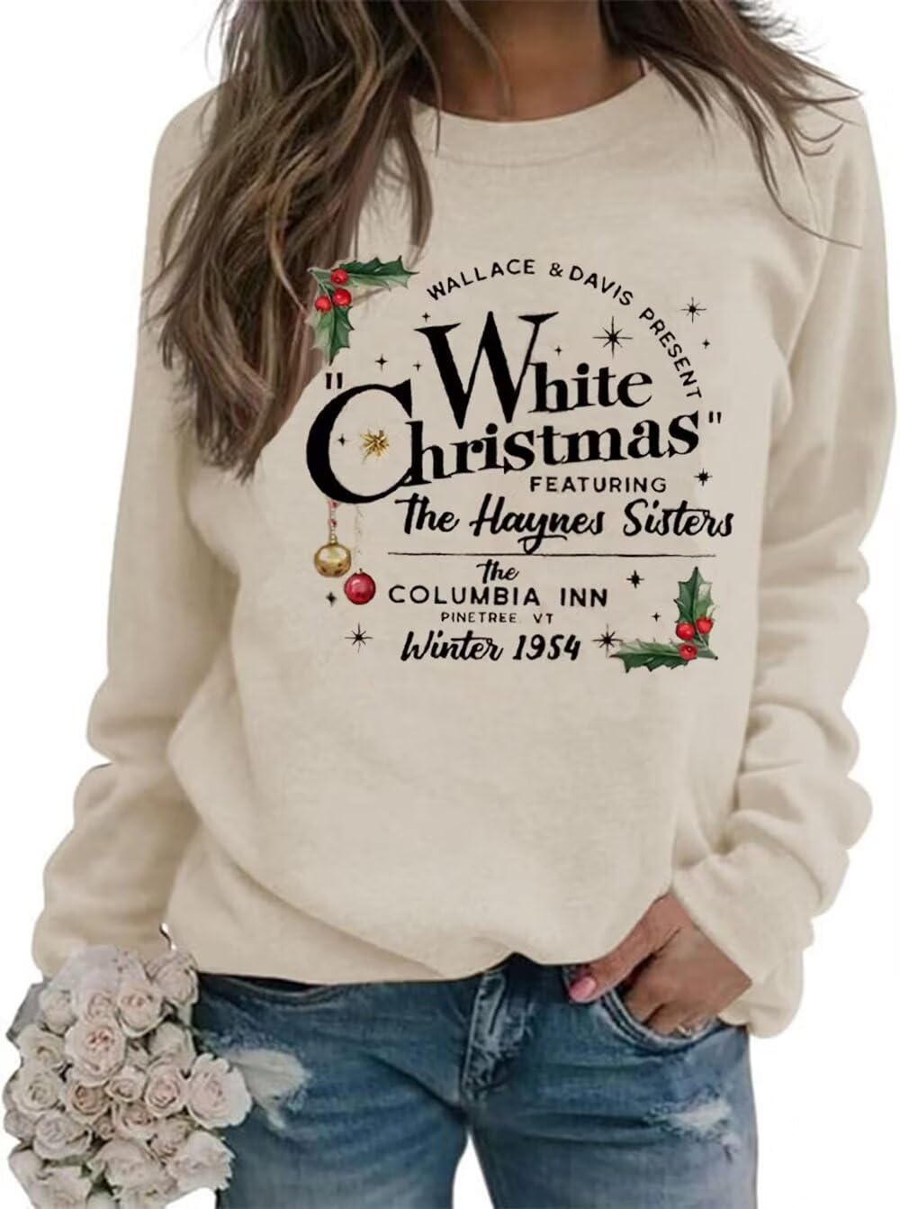 NFPNAKC White Christmas Movie 1954 Sweatshirt Women Haynes Sisters Xmas Funny Saying Pullover Christmas Holiday O-Neck Shirt