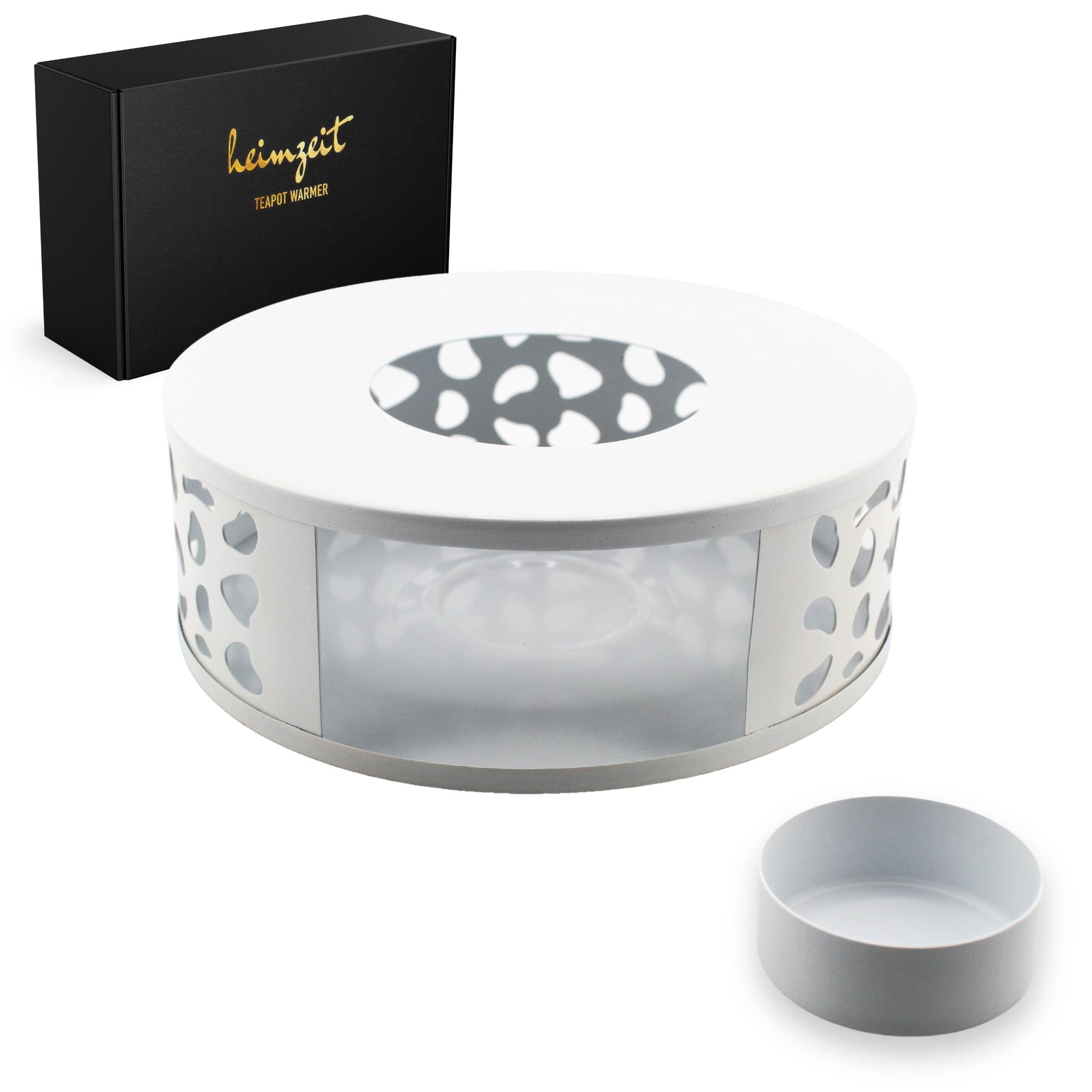 heimzeit Stövchen für Teekannen und Kaffeekannen aus hochwertigem Edelstahl [Ø 15 cm, Weiß] Teewärmer mit Teelichthalter im stilvollen Design, Teestövchen kratzfrei und für alle Größen