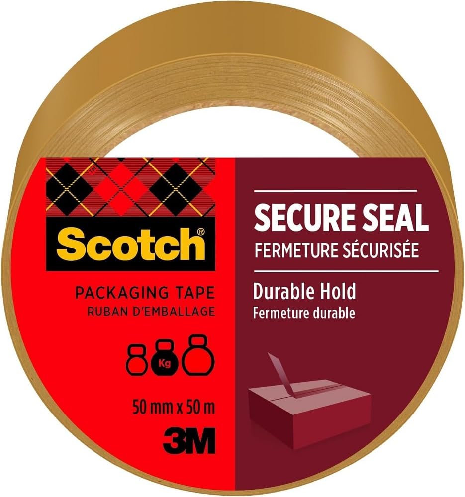Scotch Cinta Adhesiva de Embalaje Para Sellado Seguro, Marrón, 50 mm x 50 m, 1 Rollo/Paquete - de Calidad para Cerrar Cajas, Cartones y Paquetes