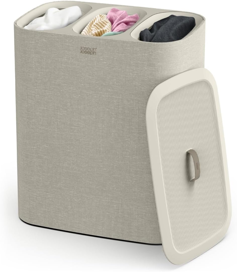 Trio Laundry Basket, Grey, 3 Compartments, 90L, Removable Tote Bags