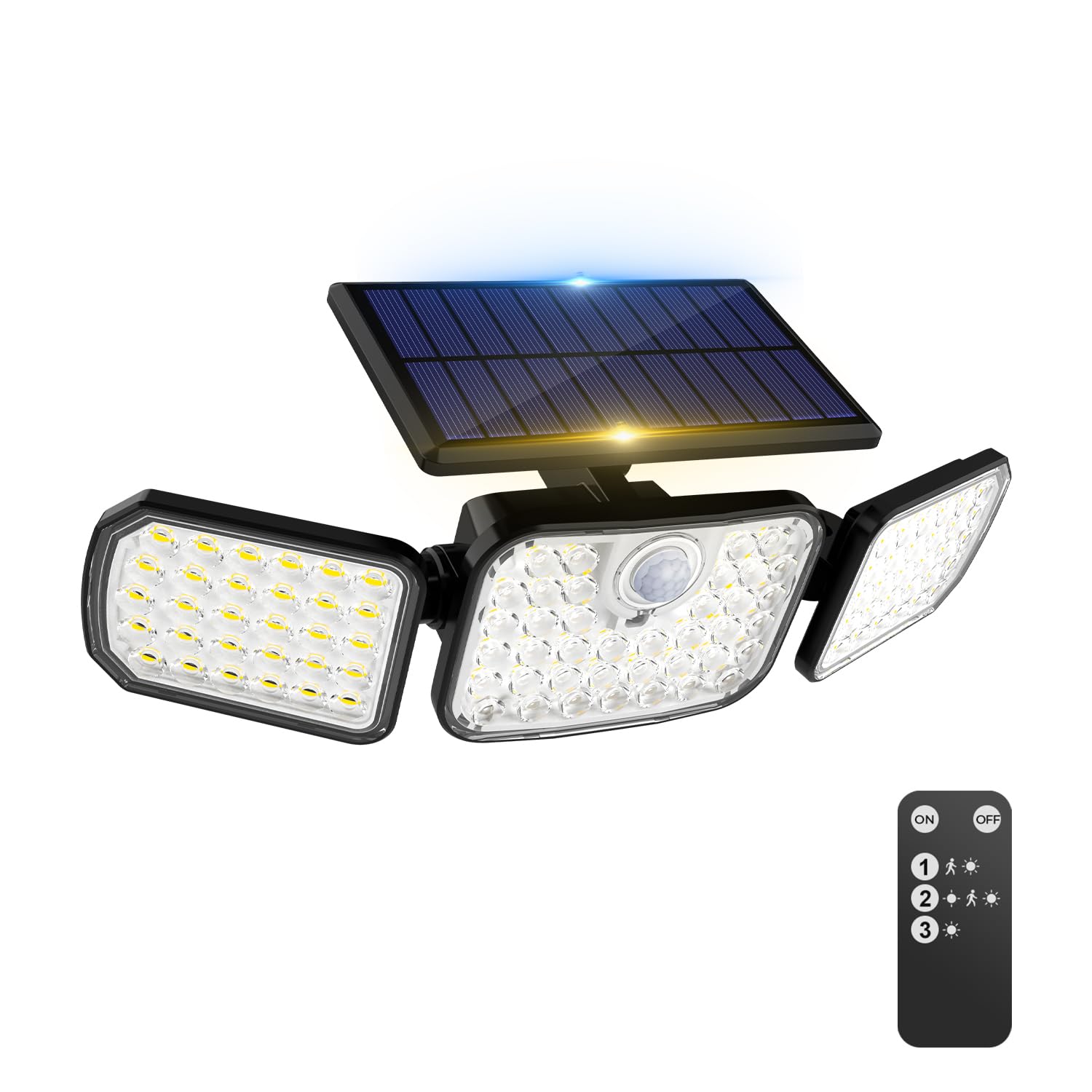Peasur Solar-Sicherheitsleuchten, 1800 mAh, kabellos, solarbetrieben, für den Außenbereich, Bewegungsmelder mit 3 verstellbaren Köpfen, Fernbedienung, IP65 wasserdicht, 270 ° breiter