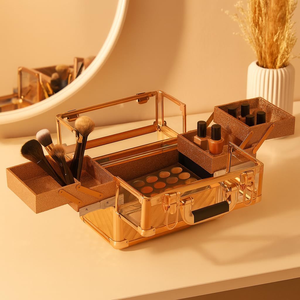 Ver Beauty Professional Makeup Train Case with 4 Extendable Trays, Large Center Compartment, Lockable Travel Organizer, Rose Gold Hard Shell