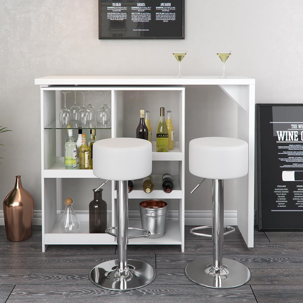 Vicco Set de Mesa de Bar Vega, Blanco, 138 x 39 cm con 2 taburetes de Bar, Plegable con estantes Abiertos para Almacenamiento