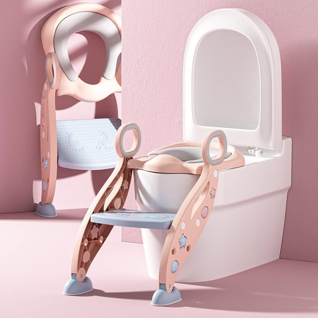 Adjustable Potty Training Seat with Ladder for Boys & Girls, Foldable Cute Stars Toilet Chair with Armrests, 75kg Load