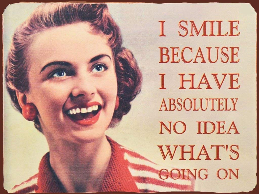 BigBazza Novelty Retro Vintage Wall tin Plaque 20x15cm - Pub shed Bar Office Workshop Man Cave Home Bedroom Dining Room Kitchen Gift - Smile No idea what is going on Funny Metal Sign