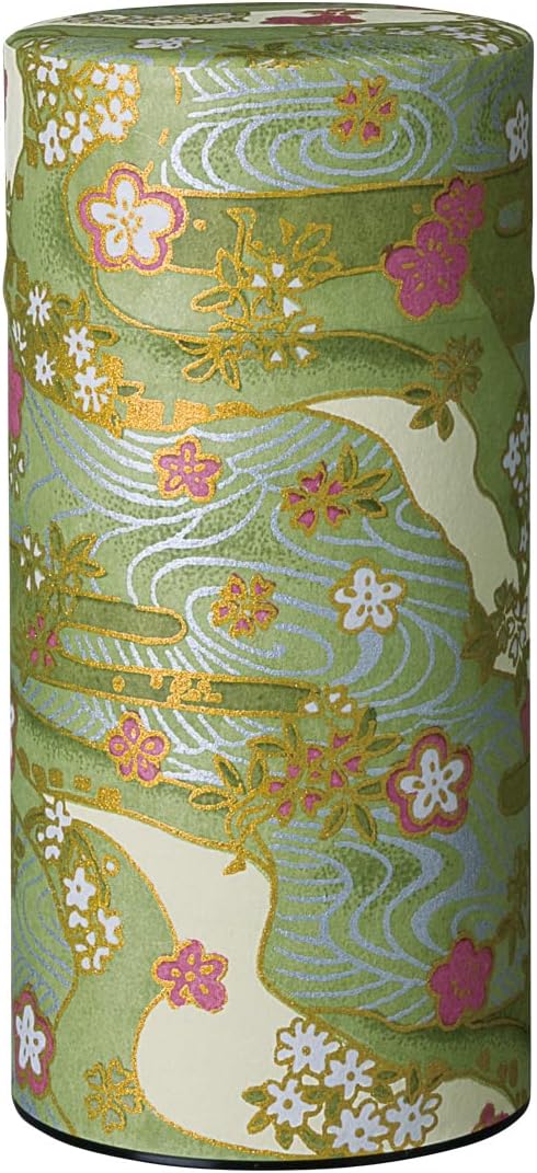 ้ๅฃ็ๅคช้่ถๅ Japanese Tea Canister Tin Shikisai(Four Seasons Color) Green/Double Lid/Japanese Washi Paper Pasted /200g Tea Capacity/Loose Leaf Tea Storage/Storage Container with Lid