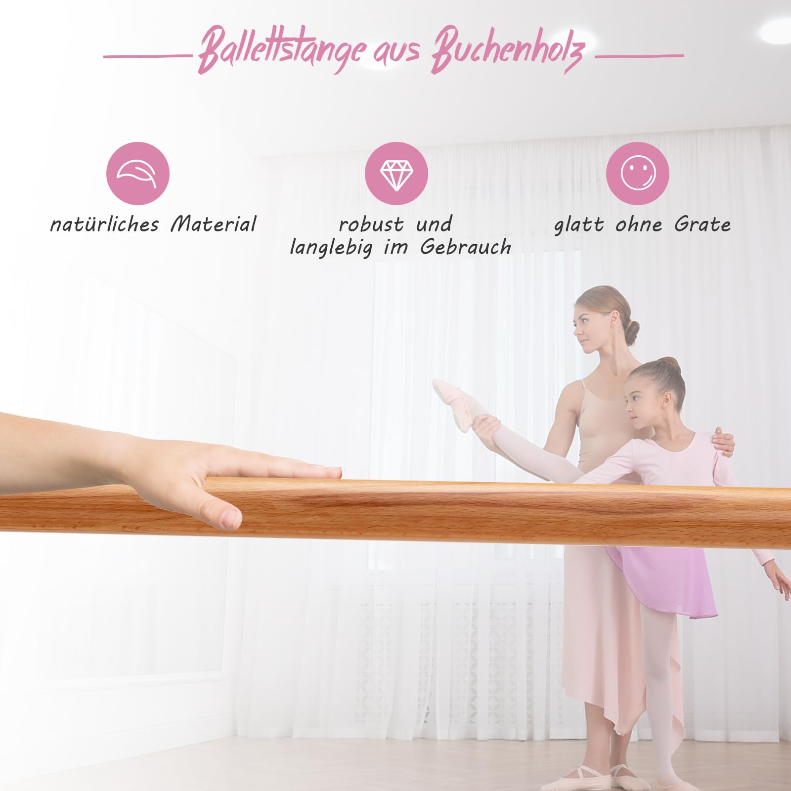 COSTWAY 120cm Ballettstange freistehend, Ballet Bar 4 stufig höhenverstellbar, Ballett Barre mit 2 Holzstangen, Stretch Barre bis 50KG belastbar, ideal für Kinder und Erwachsene