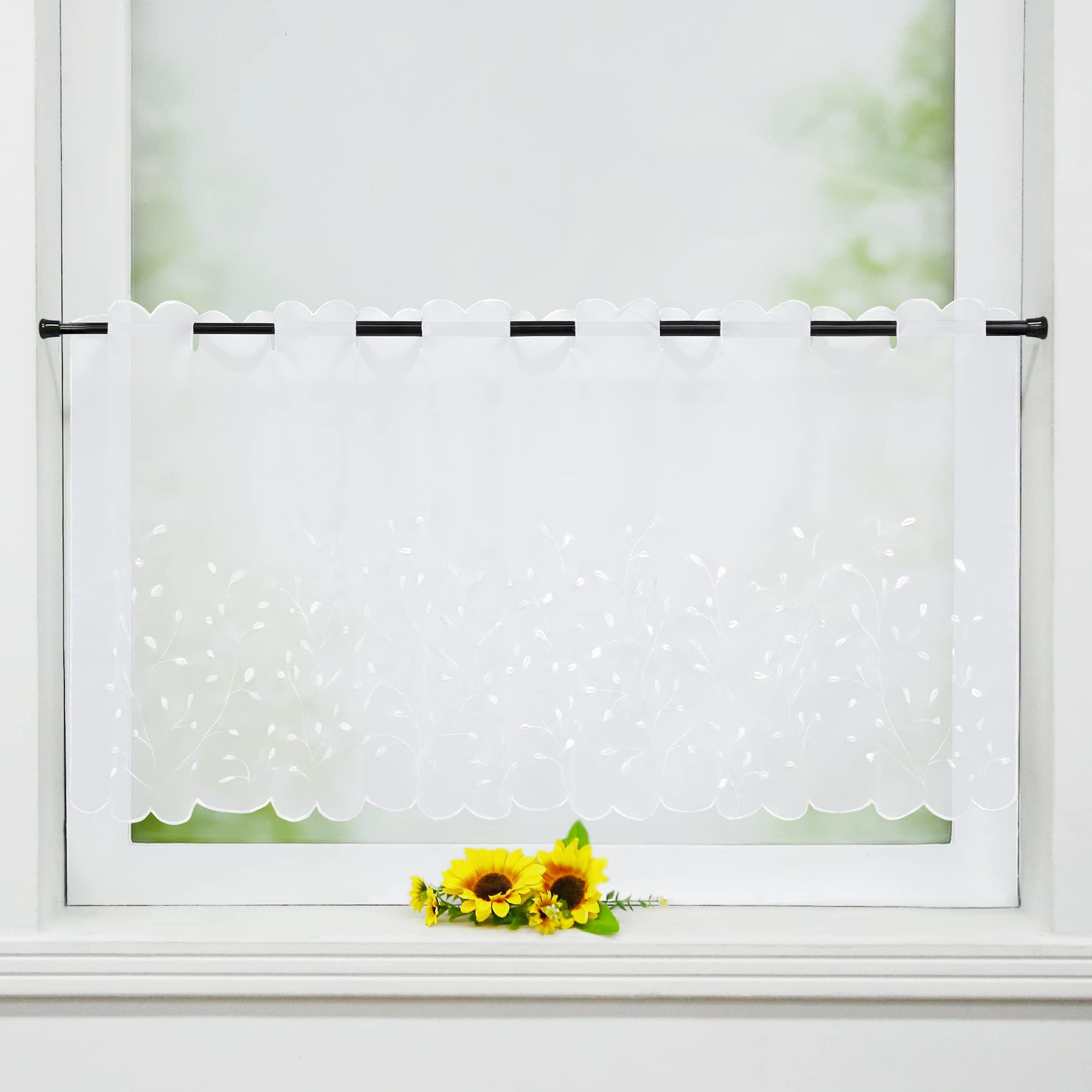Delien Voile Kurzvorhang Weiß Kitchen Short Curtains Greenland Grass Pattern 90x45cm