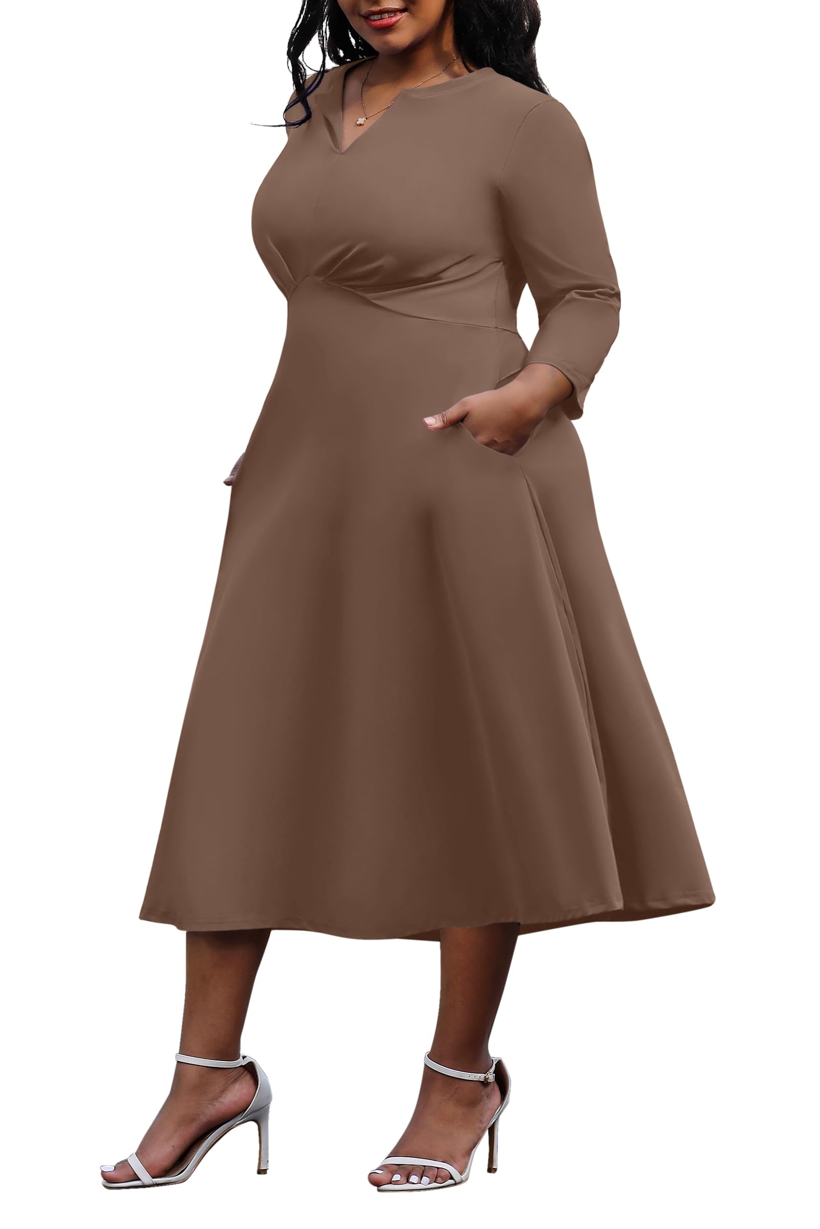 Nmoder Women's Plus Size Stretchy Flared Wrap Dress Casual Wedding Guest Midi Dresses V Neck 3/4 Sleeve A-Line Swing Dress