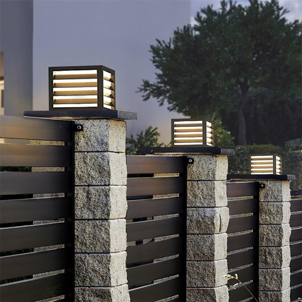 Modern Fashionable Pillar Lights Black Square Stainless Steel Post Light Fixtures Minimalist Exterior Landscape Lighting Unique Column Light for Top Wall Fence Driveway Garden Patio Path