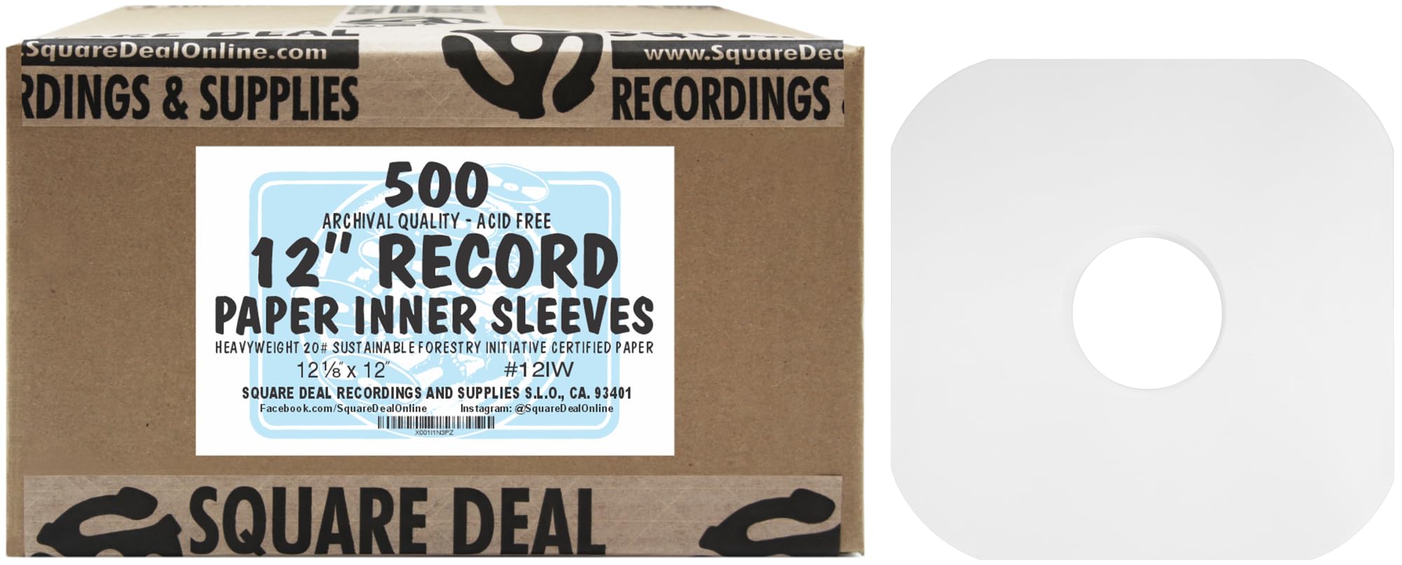 (500) Archival Quality Acid-Free Heavyweight Paper Inner Sleeves with Hole for 12" Vinyl Records - Durable 20# Paper - Easy Record Insertion - #12IW