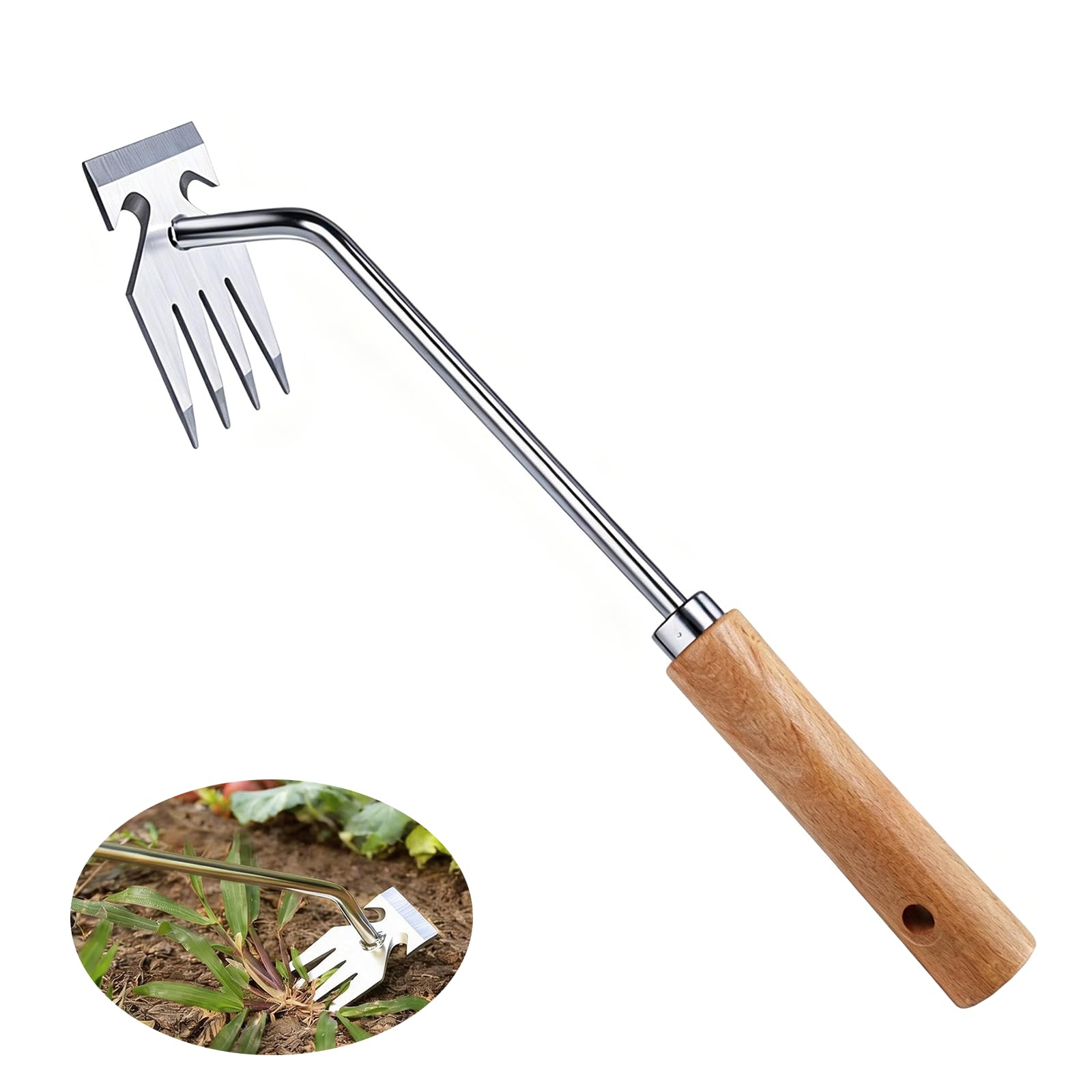 Weed Puller Garden Weeding Tool with Rustproof Stainless Steel & Ergonomic Wooden Handle - Professional Manual Weed Remover for Lawn Patio Flower Bed, Versatile Hand Trowel for Gardening, Loosening