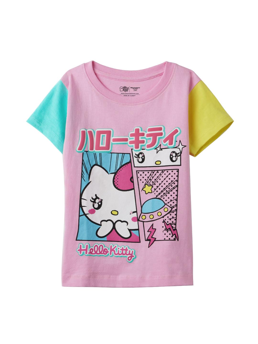 The Souled Store Camiseta oficial de Hello Kitty: So Cute Girls de manga corta con cuello redondo y estampado gráfico multicolor