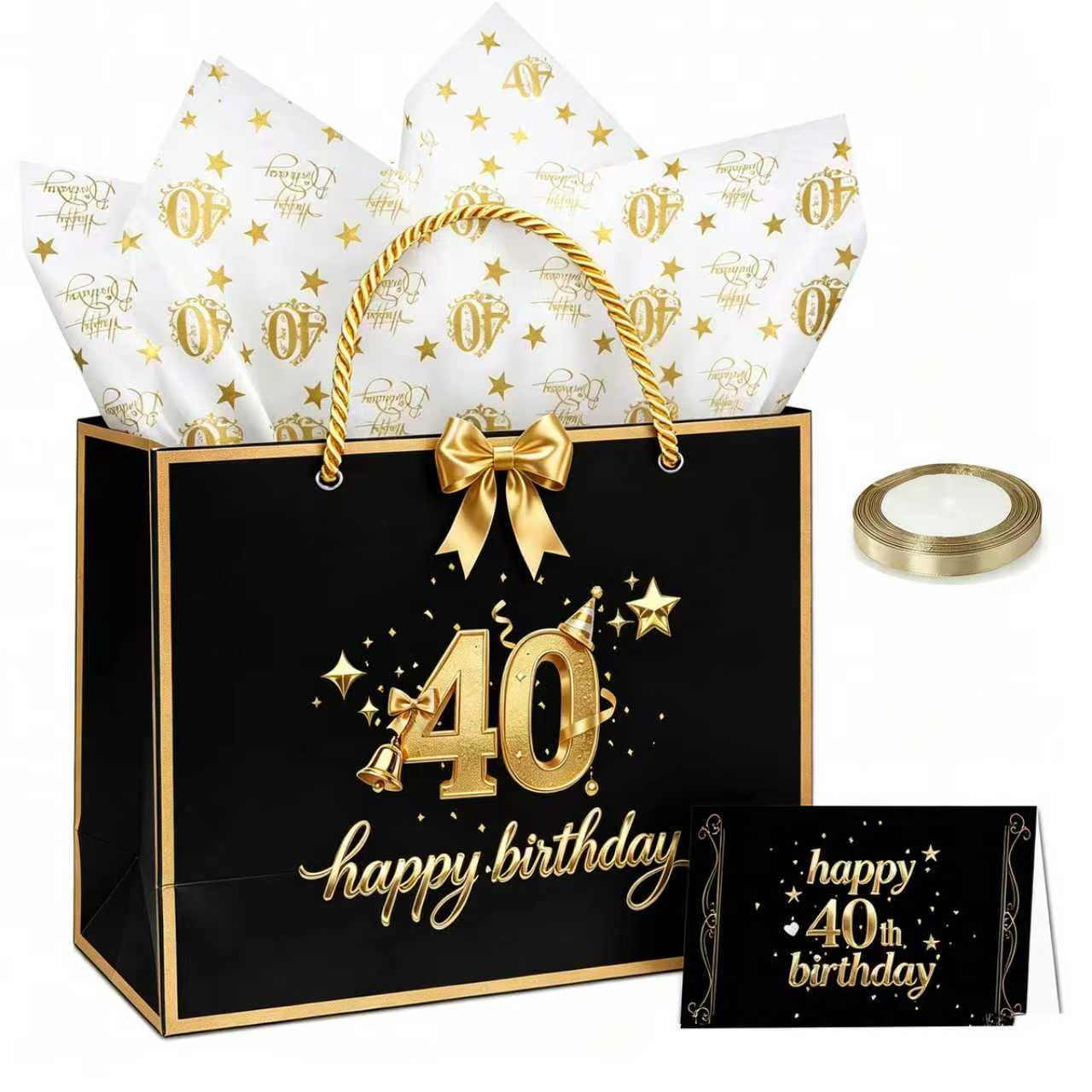 40th Birthday Gift Bag,28*20*10cm Luxury Black Birthday Party Gifts Bag with Handles, 3 Tissue Paper, 1 Greeting Card, 1.5cm*22m Champagne Ribbon,Medium Paper Bags for Man Women 40th Birthday Supplies