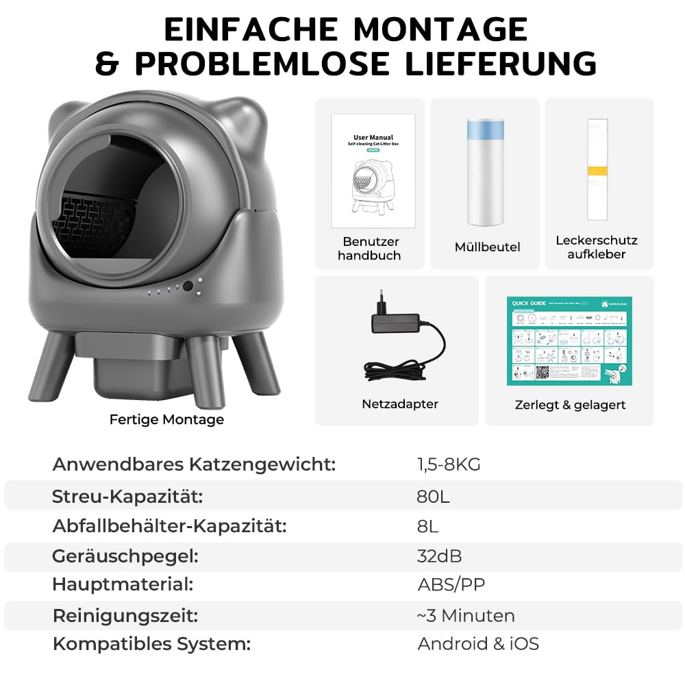 Cura X1 Litiere Chat Autonettoyante, 80+8L Litière Autonettoyante, Capteurs de Sécurité, Élimination des Odeurs, Commande App, Grande Capacité, Litière Automatique pour Plusieurs Chats
