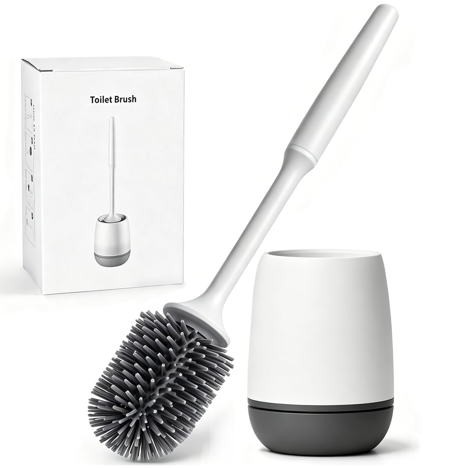 MEKEET Toilet Brush And Plastic Holder, Soft Silicone Brush With Decomposable And Water Drawer (New-Floor), White-image-6