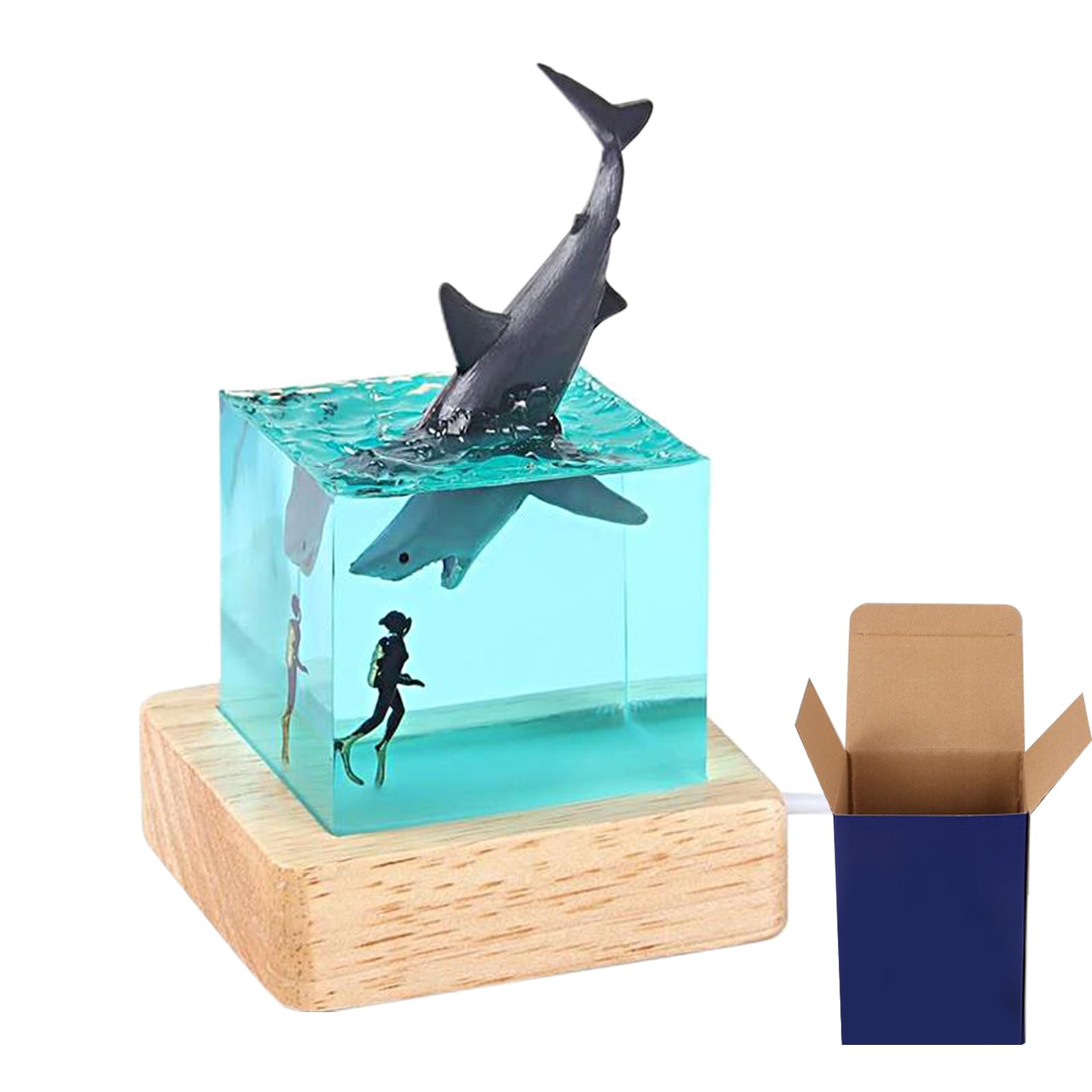 cimsfcor Epoxy Resin Shark Night Light, Night Lamp with Humpback Whale Shark Diver Lamp with Wooden Base for Home Office Decoration (Megalodon)