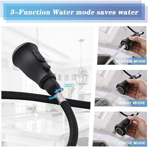 Miniatura 7 de Kitchen Faucet Single Handle Pull-Down Sink Faucets 3 Spray Modes 1 or 3 Hole Kitchen Tap (Matte Black)