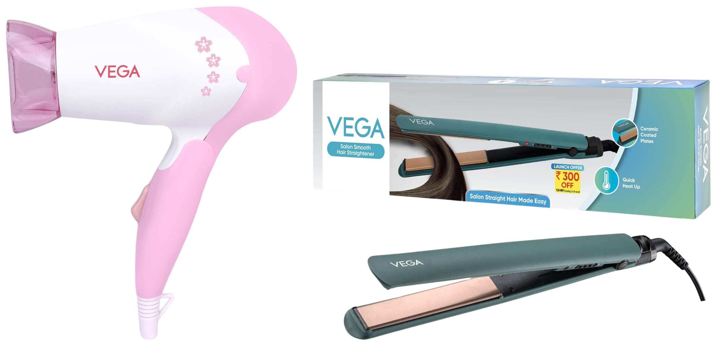 Vega Salon Smooth Hair Straightener for Women with Ceramic Coated PlatesGreen & VEGA Insta Glam Foldable 1000 Watts Hair Dryer With 2 Heat & Speed Settings,-image-34