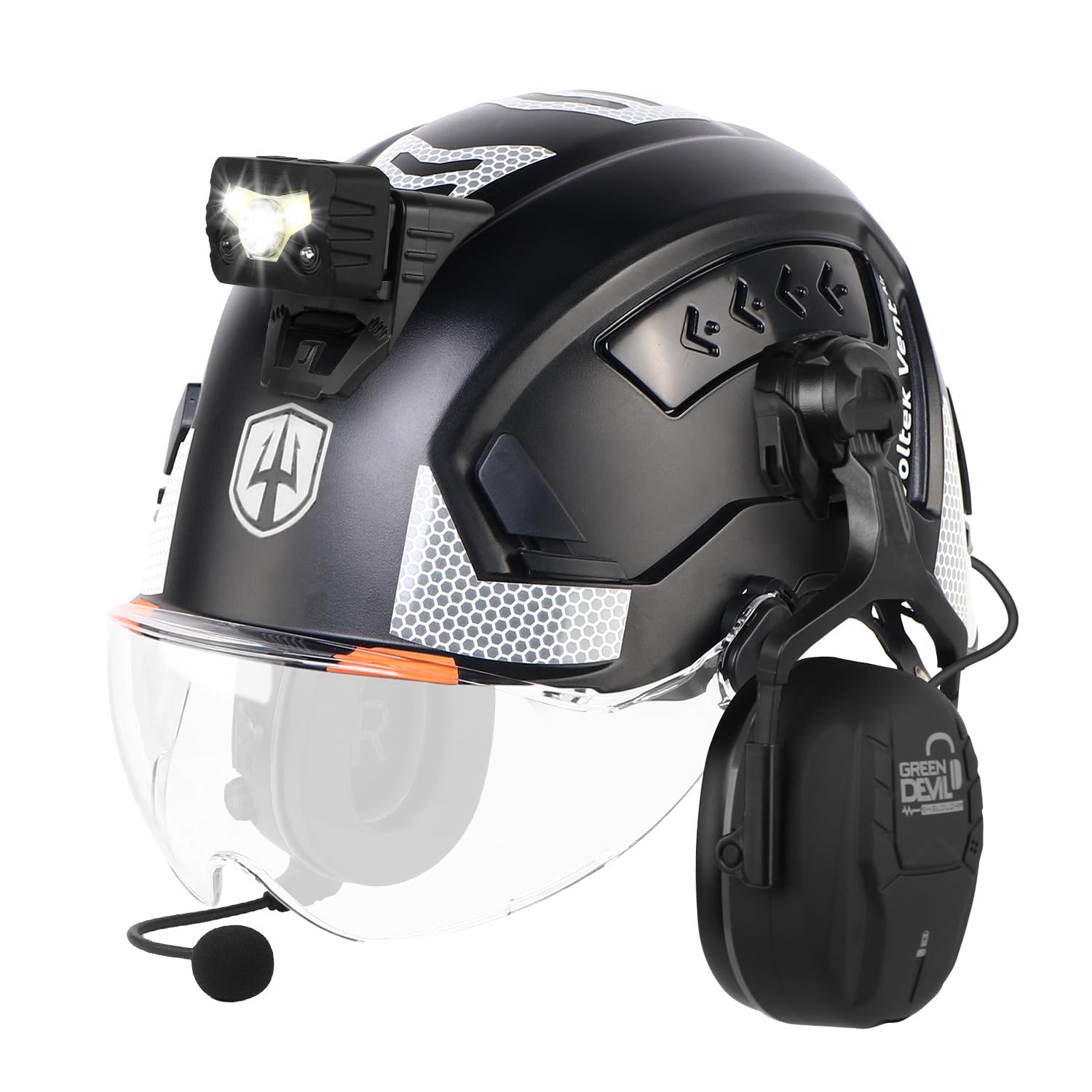 GREEN DEVIL VOLTEK Vent AIR Ultimate Set - Höhenarbeits-Schutzhelm EN12492 + Shield LD Bluetooth Gehörschutz + Klares Ersatzvisier + Intelligente Helmleuchte