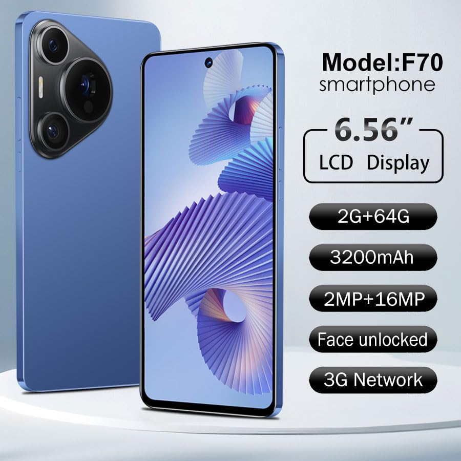 Unlocked Cell Phones 2GB RAM+64GB ROM, 6.56inch HD Screen Mobile Phones, 3200mAh, Android 8.1 Smartphone 3G Network, 2MP +16MP Cameras, Face unlocked, 64G Android phone with cases (blue, F70) blue F70 image 2 of 9 B0F83TV9F9