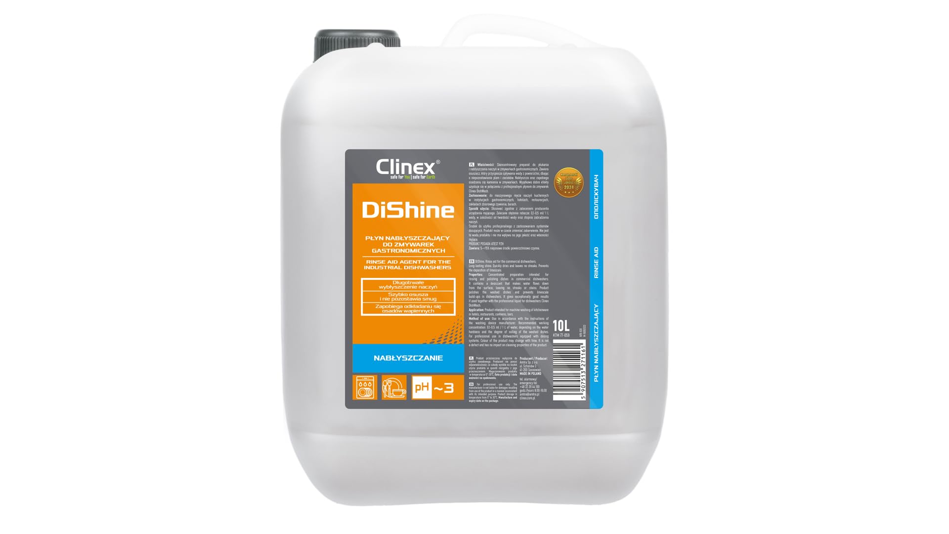 Clinex Dishine, abrillantador profesional concentrado para lavavajillas comercial/lavavajillas, bidón de 10 l, abrillantador para lavavajillas en el hogar y el comercio