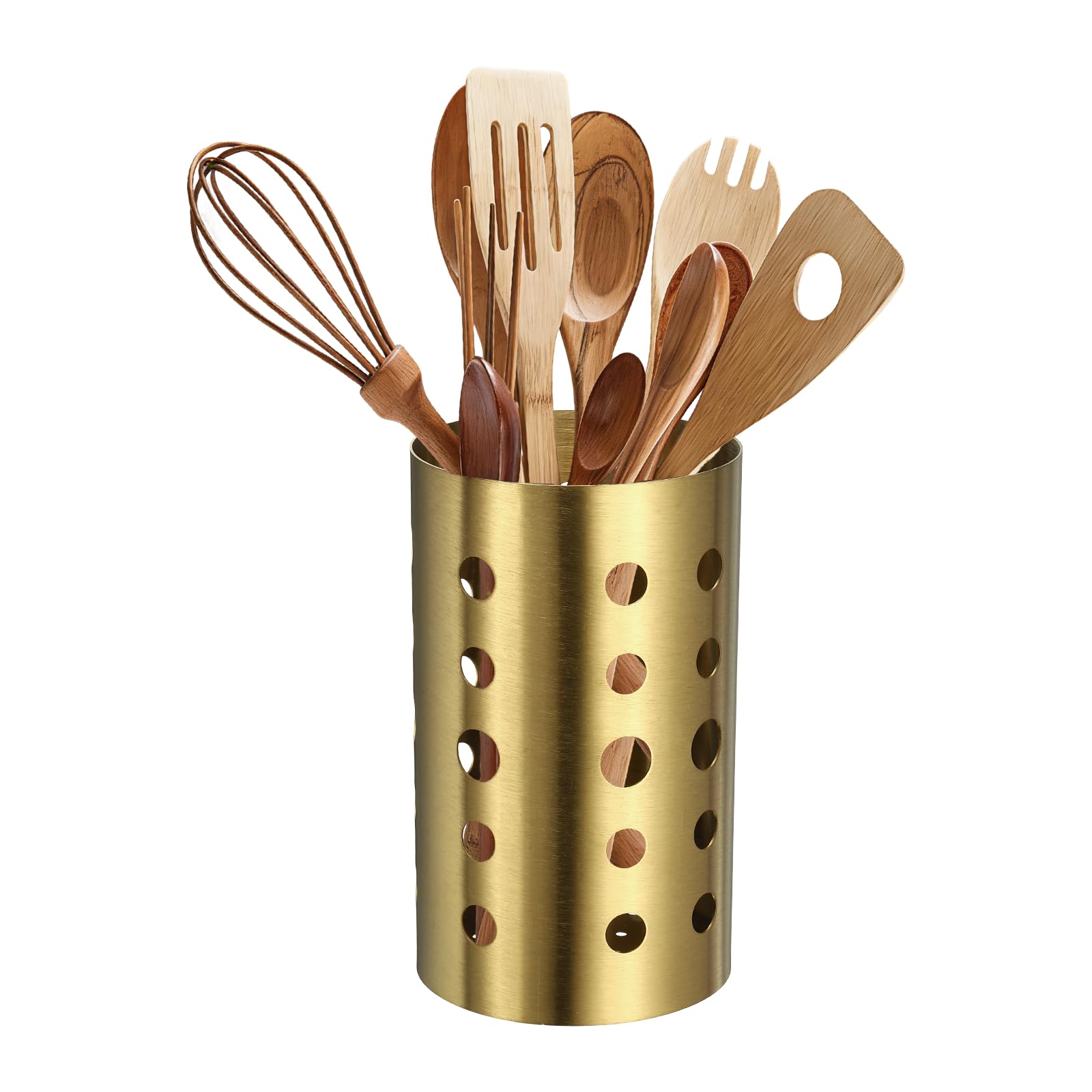 sourcing map Kitchen Utensil Holder, 3.9x6.7 Stainless Steel Utensil Cutlery Holder Round Flatware Organizer with Drain Hole for Kitchen Restaurant Countertop Straw, Spoon, Chopstick, Gold