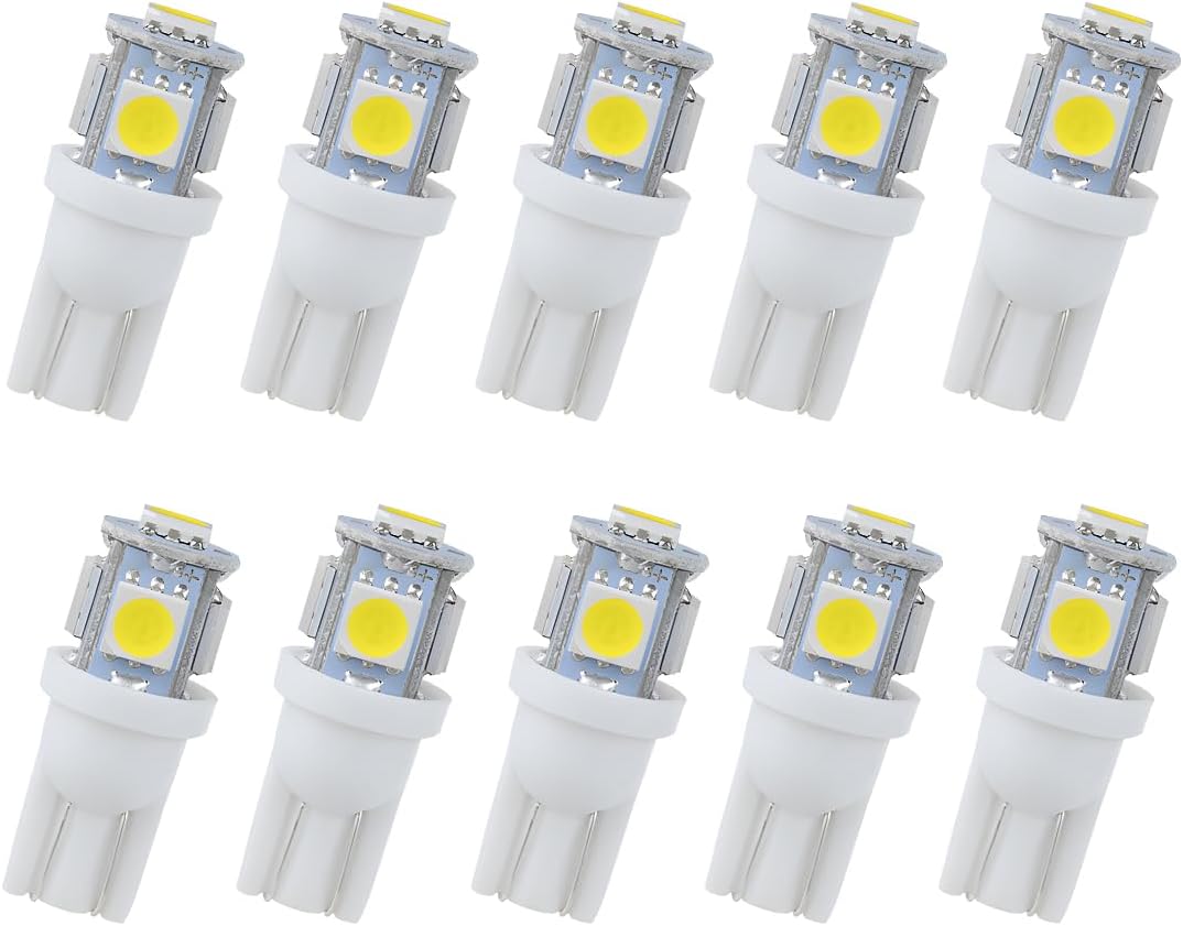10PCS T10 LED Car Light Bulb, 12V 6000K Automotive Wedge 194 168 2825 5050 5SMD LED Bulb Chips Dome Lights, Universal for Vehicle Map Door Courtesy License Plate Lights and More（White）