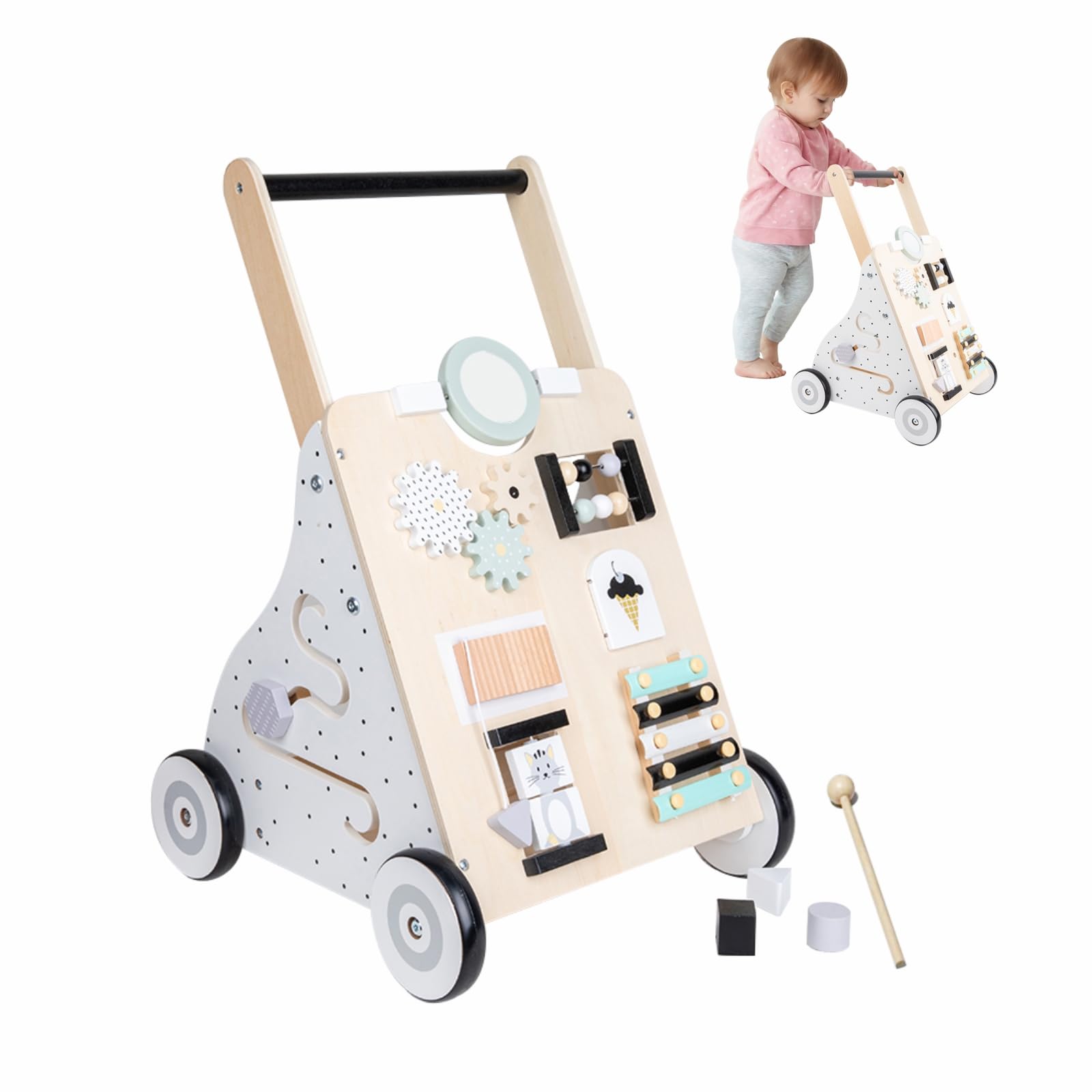 Wooden Baby Walker, Baby Push Walker with Wheels, Montessori Walker, Baby Activity Push Walker Toy for Girls Boys Learning to Walk, Develops Motor Skills and Stimulates Creativity