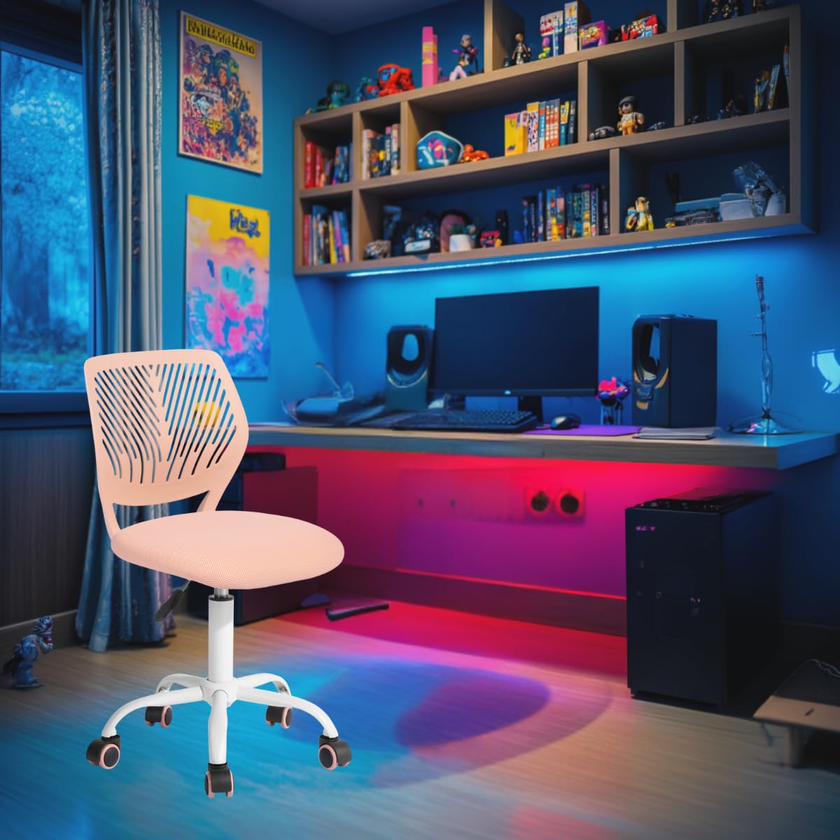 FurnitureR Compact Kids Gaming Chair, Hollow PP Backrest, Adjustable Height, Ergonomic Swivel Sponge Seat, 5-Wheel Iron Base, for Teens & Childrens Drawing, Gaming, Classroom, Rose, 38.5 x 40 x 87 cm