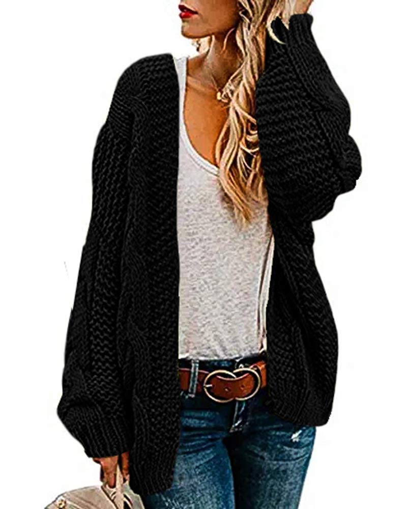 Ferrtye Women's Black Oversized Chunky Open Front Knitwear Cardigan Sweaters Cable Knit Long Sleeve Boyfriend Cardigans Outwear Coats, Large