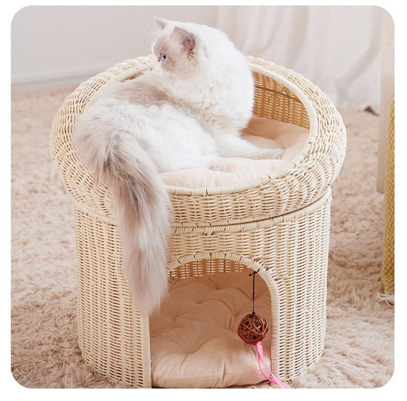 HZYSHH Elevated Cat House - Rattan Breathable Pet Bed, Nest, Villa, Raised Bed, Outdoor Cat Furniture (Primary Colour)