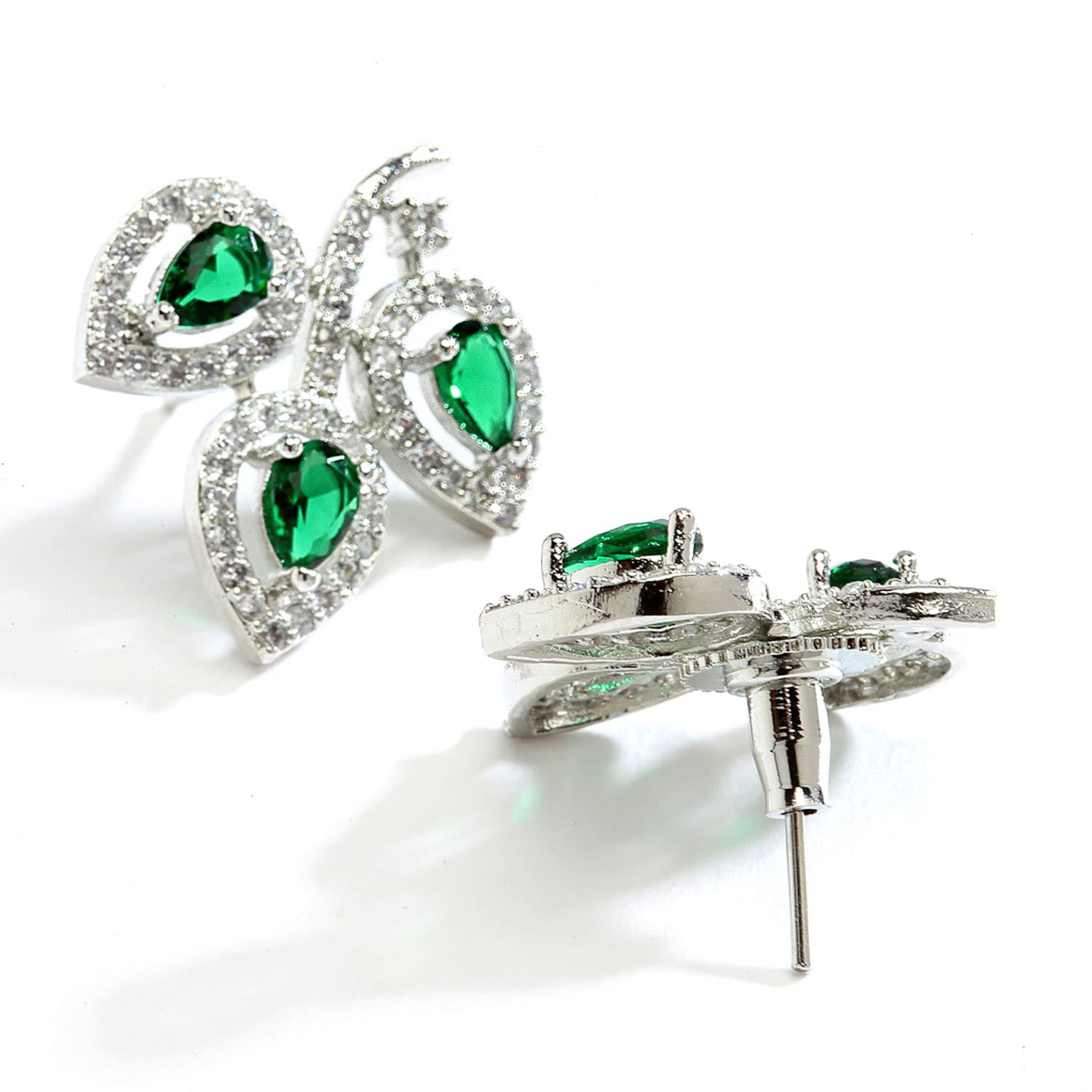 Leaf Shaped Rhodium Plated Diamond Stud Earring (Green)