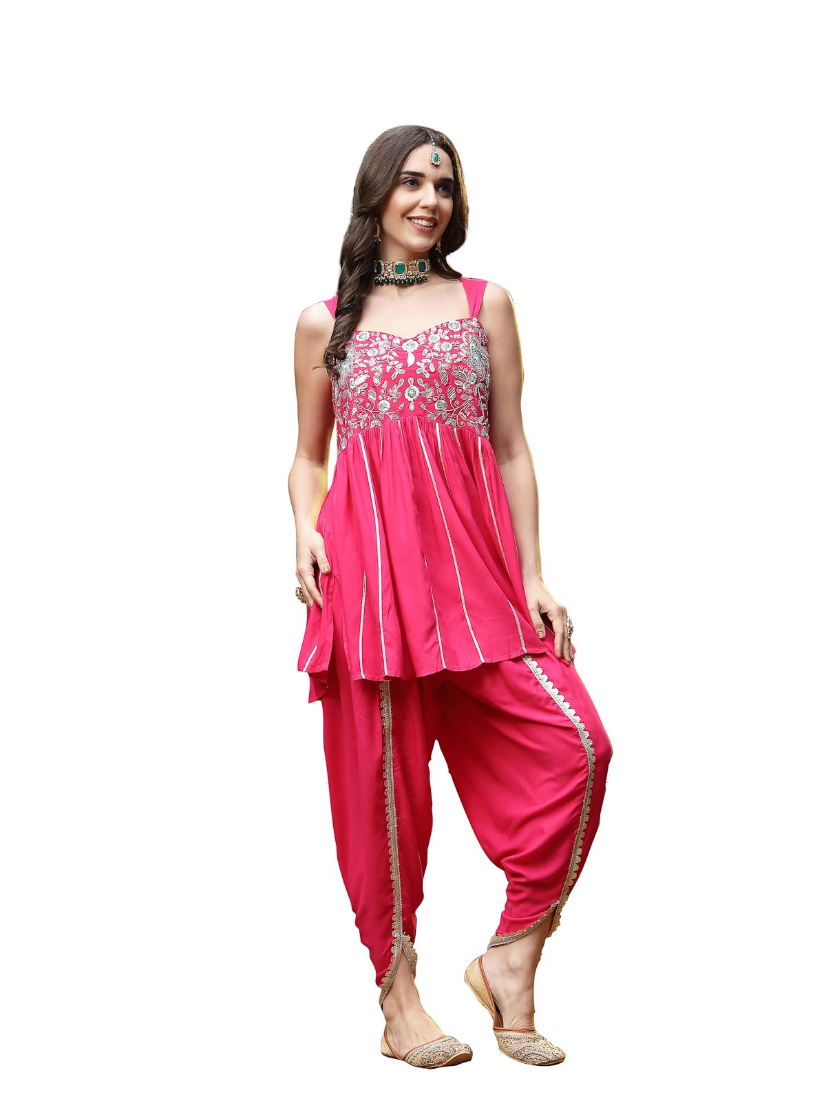 Stylum Women's Solid & Embroidered Rayon A-Line Kurti Dhoti Pant Set (Kdpinkrom34_Pink, Xs)