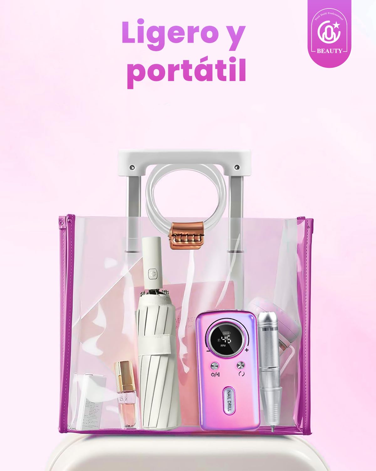 CozyZen Torno de uñas inalámbrico profesional: kit de lima de uñas eléctrica recargable de 45000 RPM, portátil y silencioso para uñas acrílicas, uñas de gel, manicura y pedicura - uso en salón y en