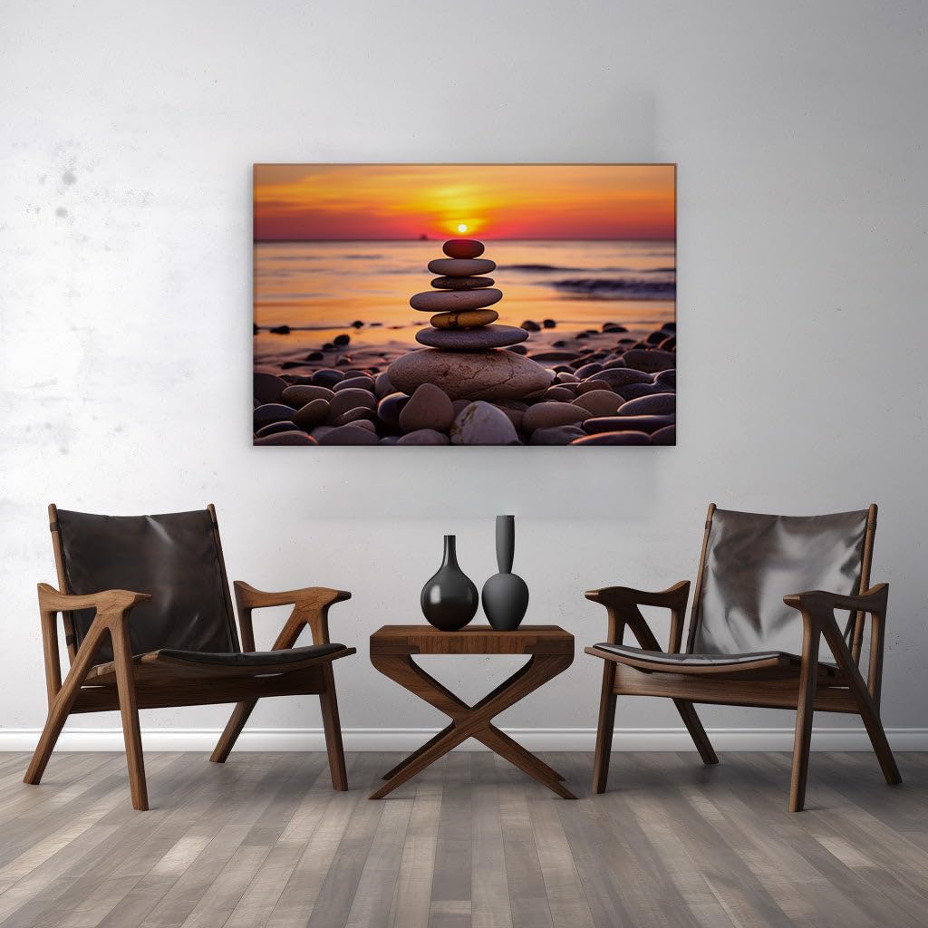 Canvas for Living room. Balancing Serenity: Stacking Stones Against a Sunset Beachscape, 27 x 18 inch Canvas Wall Art - Ready to Hang