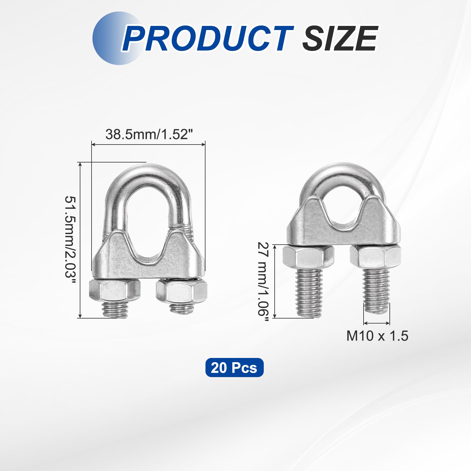 sourcing map 20 morsetti a clip per cavi metallici da 1/2 pollice M12 piccoli in acciaio inossidabile 304 con bullone a U, accessori di fissaggio per sella, per sartiame sicuro, linea nautica