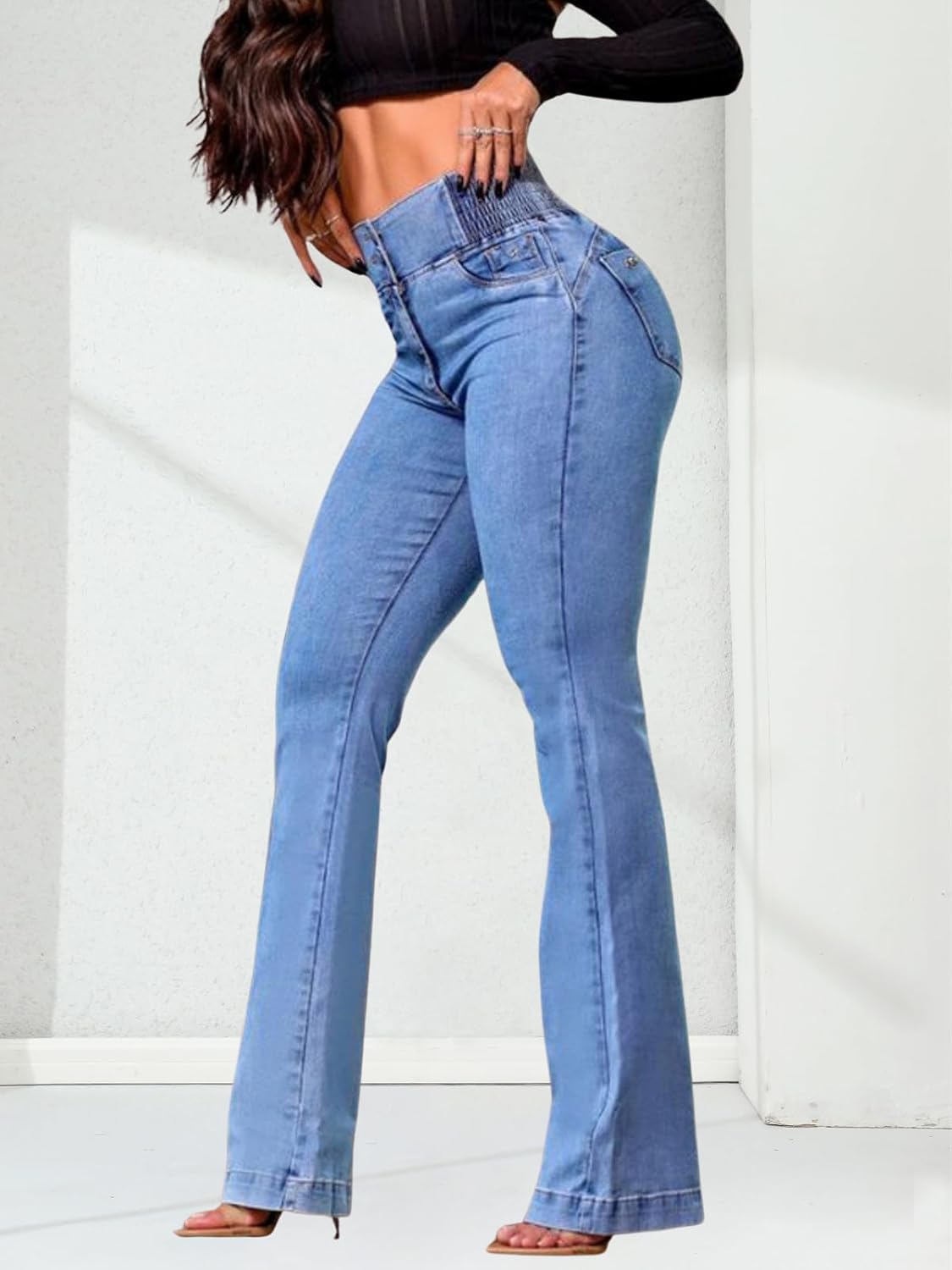 Flare Jeans for Women Tummy Control Bootcut Jeans Stretchy Button Fly Bell Bottom Butt Lifting High Waisted Denim Pants - Image 3