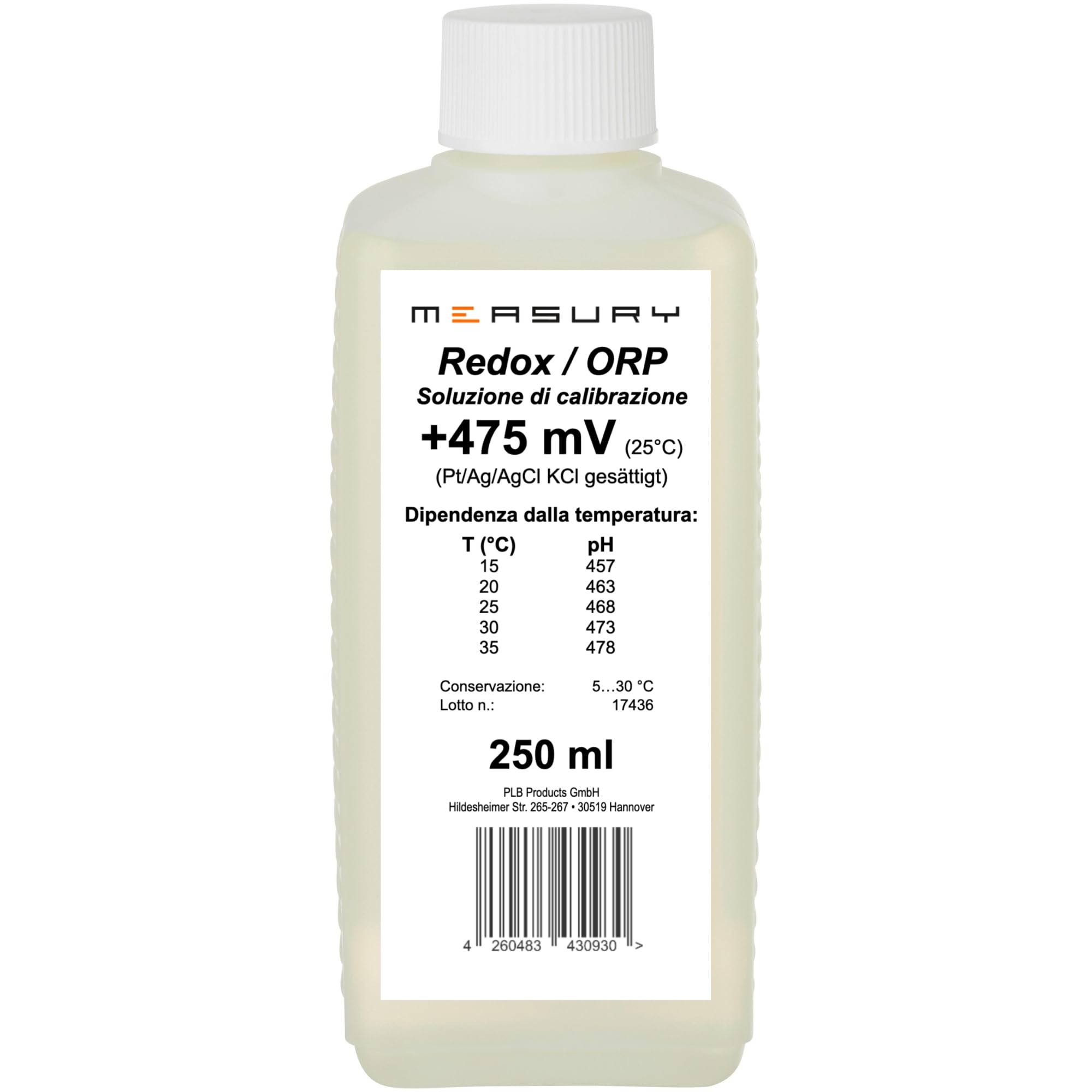 Measury Redox Soluzione di calibrazione 475 mV, 250ml ORP Soluzione tampone | Liquido di calibrazione redox - Soluzione tampone di calibrazione ORP - prodotta in Germania