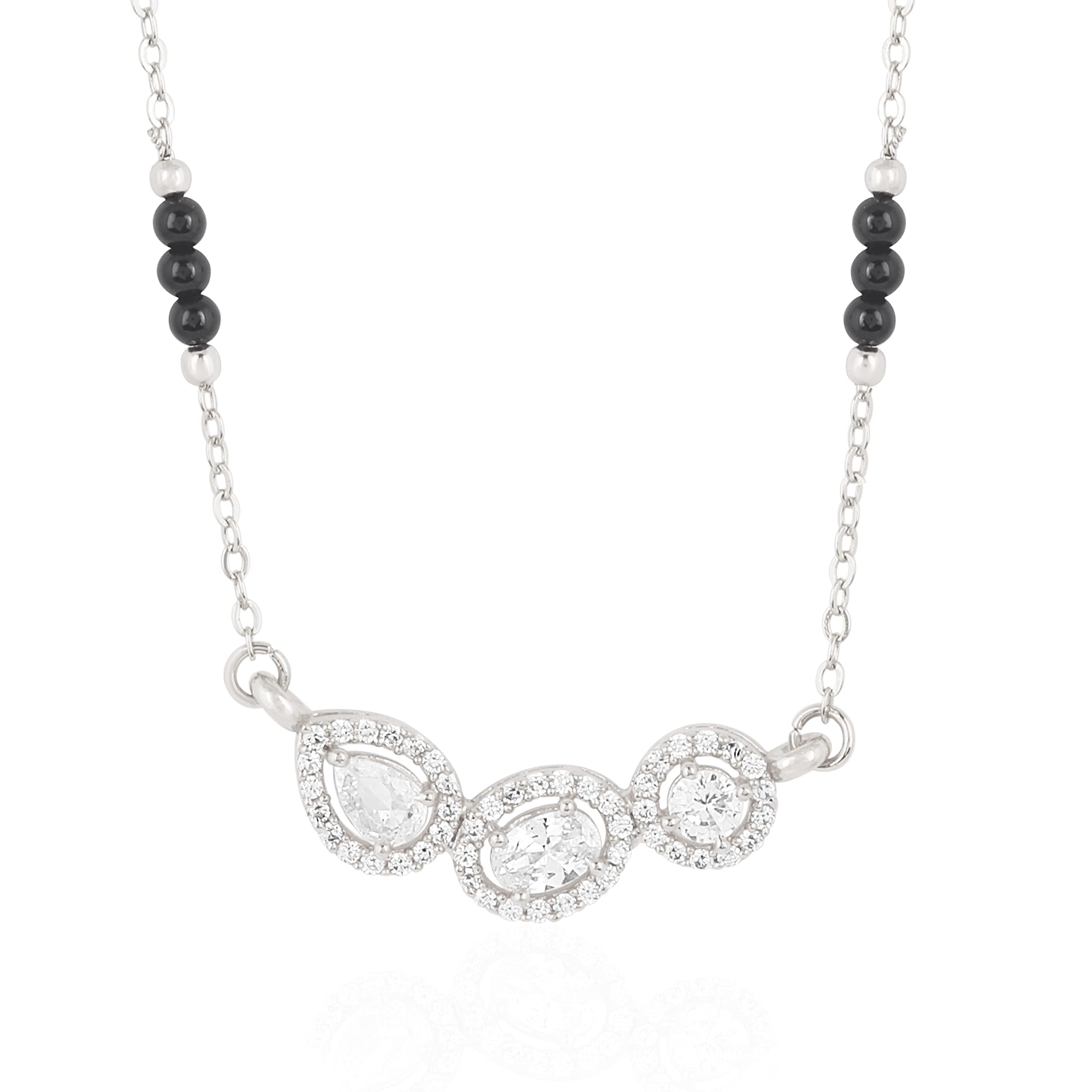 MINUTIAE Stylish Three White Stone Pendant Necklace Black Beads Mangalsutra For Women With Extendable Chain (Silver) (B0C2ZJJBXN) Amazon Price History, Amazon Price Tracker